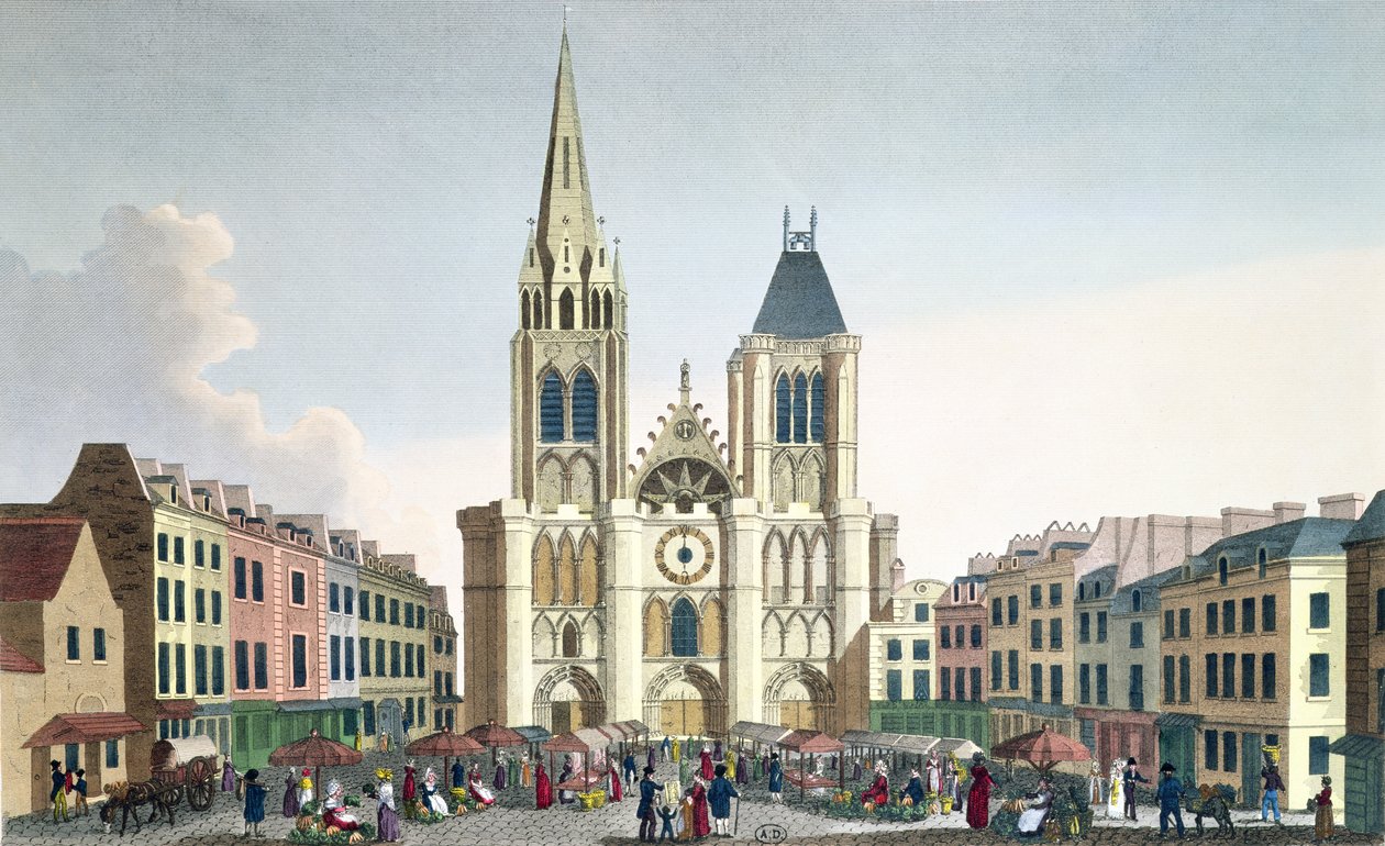 Pohled na fasádu kostela Saint-Denis u Paříže, cca 1820 (barevná rytina) od Pierre Courvoisier