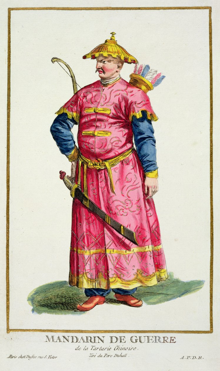 Mandarin Warlord ze „Sbírky tisků, reprezentujících hodnosti a hodnostáře, podle kostýmu všech existujících národů“, vydané v roce 1780 (ručně kolorovaná rytina) od Pierre Duflos