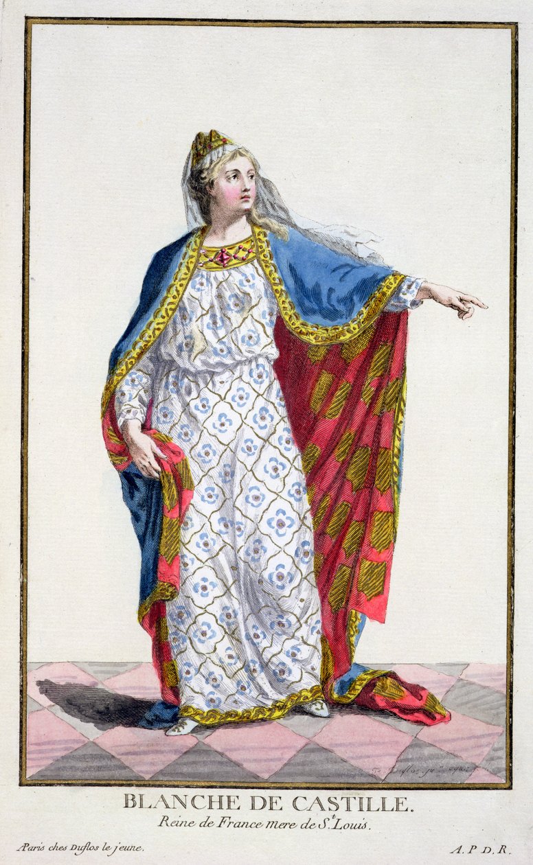 Blanche de Castille (118588-1252) královna Francie z „Recueil des Estampes, představující hodnosti a hodnostáře, podle kostýmu všech existujících národů“, vydané v roce 1780 (ručně vybarvené od Pierre Duflos