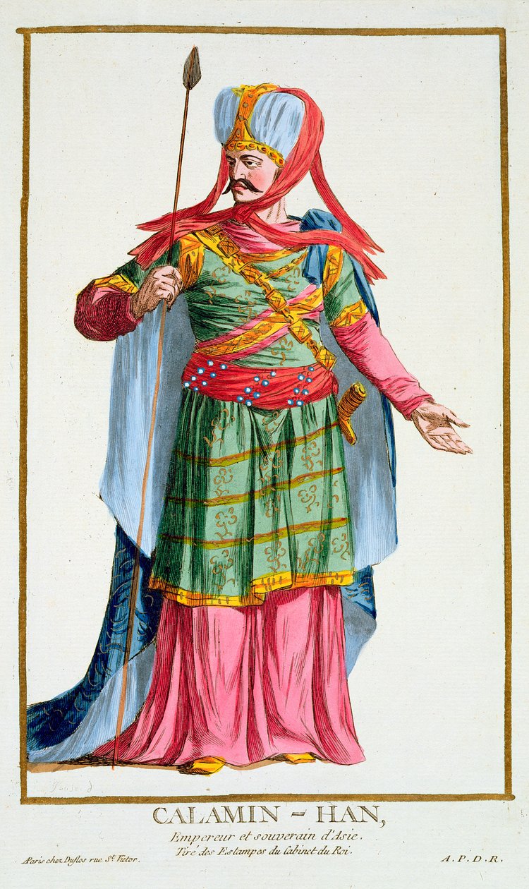 Calamin-Han, císař a suverén Asie z „Receuil des Estampes, Representant des Rangs et des Dignites, podle Kostýmu všech existujících národů“, vydaného roku 1780 (ručně kolorovaná engra od Pierre Duflos