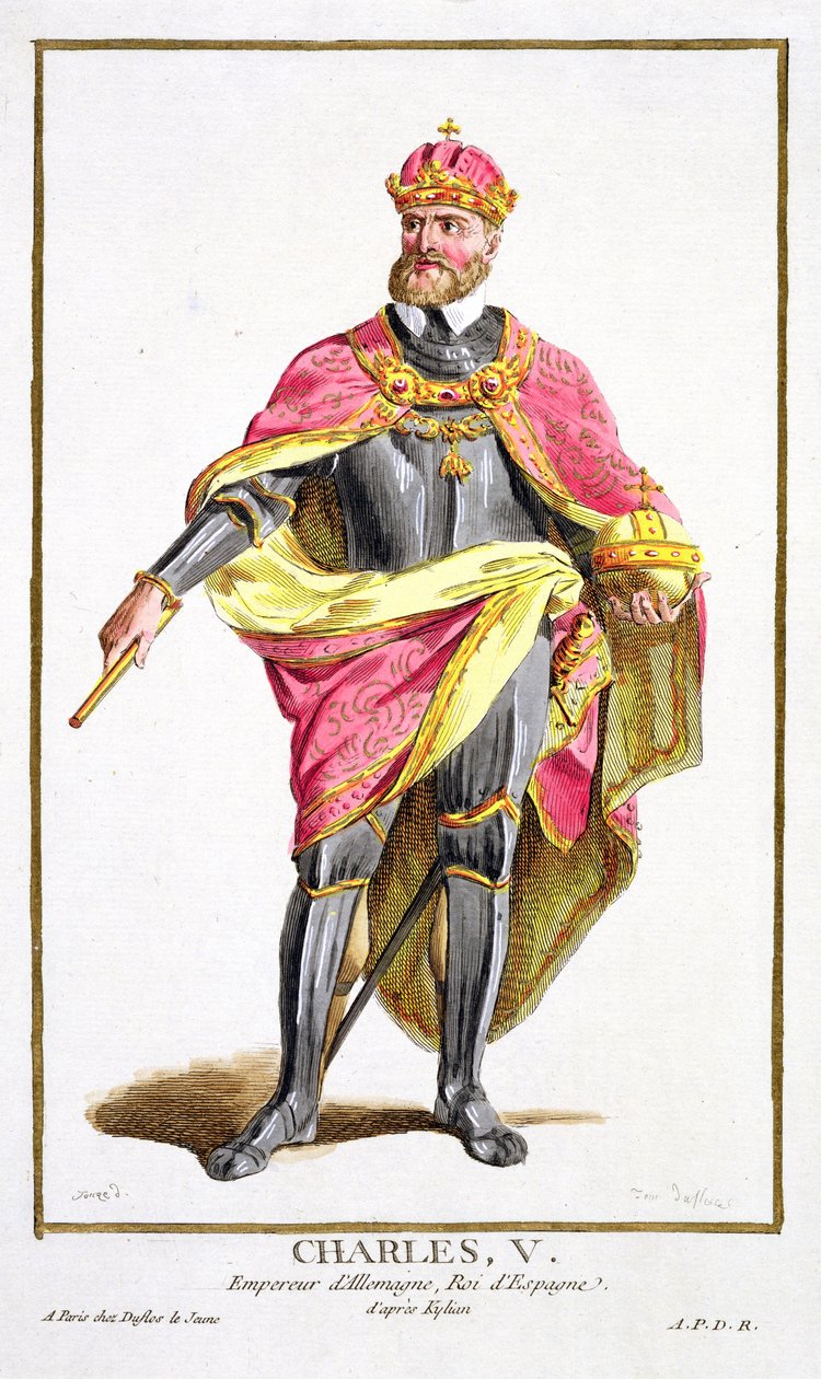 Karel V. (1500-58) z „Receuil des Estampes, představující hodnosti a hodnostáře, podle kostýmu všech existujících národů“, vydáno 1780 (ručně kolorovaná rytina) od Pierre Duflos
