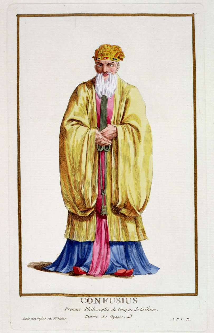 Konfucius (551-479 př. n. l.), z knihy "Receuil des Estampes, representant les Rangs et les Dignites, suivant le Costume de toutes les Nations existantes", vydané roku 1780 (ručně kolorovaná rytina) od Pierre Duflos