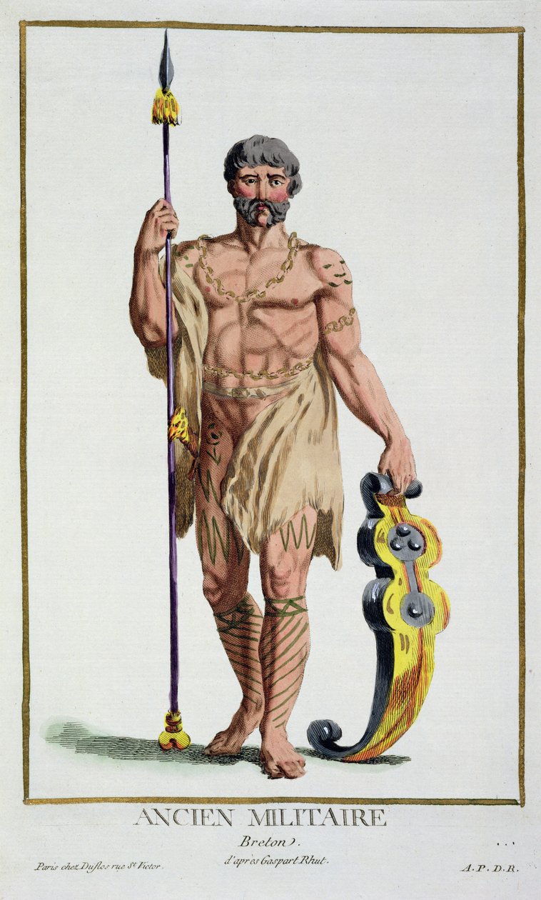 Šaty bretaňského válečníka z „Recueil des Estampes, Representant les Rangs et les Dignites, podle Kostýmu všech existujících národů“, vydáno 1780 (ručně kolorovaná rytina) od Pierre Duflos