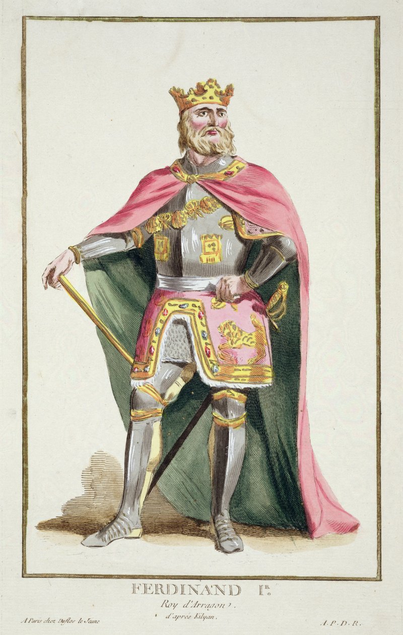 Ferdinand I. (1379-1416) král Aragonie z „Receuil des Estampes, Representant des Rangs et des Dignites, podle kostýmu všech existujících národů“, vydáno 1780 (ručně kolorovaná rytina od Pierre Duflos