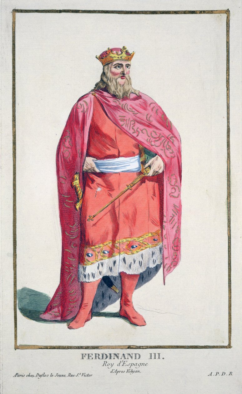 Ferdinand z Castilla y Leon (1217-52) ze „Sbírky tisků, reprezentujících hodnosti a hodnostáře, podle kostýmu všech existujících národů“, vydané 1780 (ručně kolorovaná rytina) od Pierre Duflos