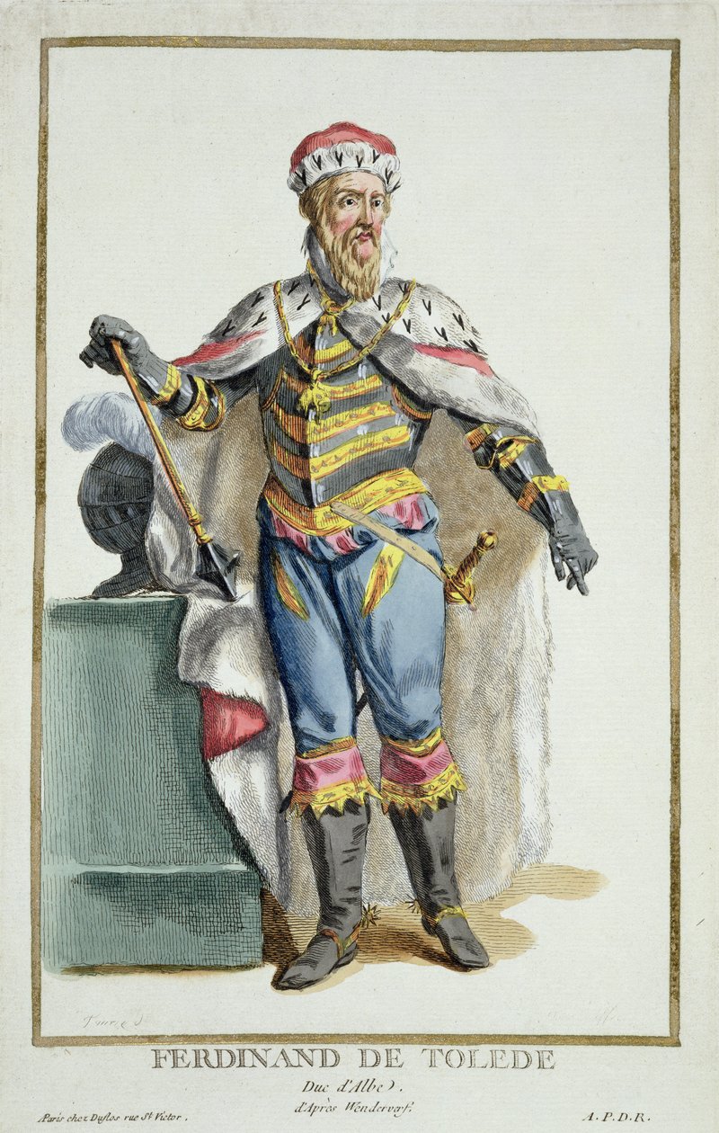 Ferdinand z Toleda (1507-82) vévoda z Alvy z „Receuil des Estampes, Representant des Rangs et des Dignites, podle Kostýmu všech existujících národů“, vydaného roku 1780 (ručně kolorovaná engra od Pierre Duflos