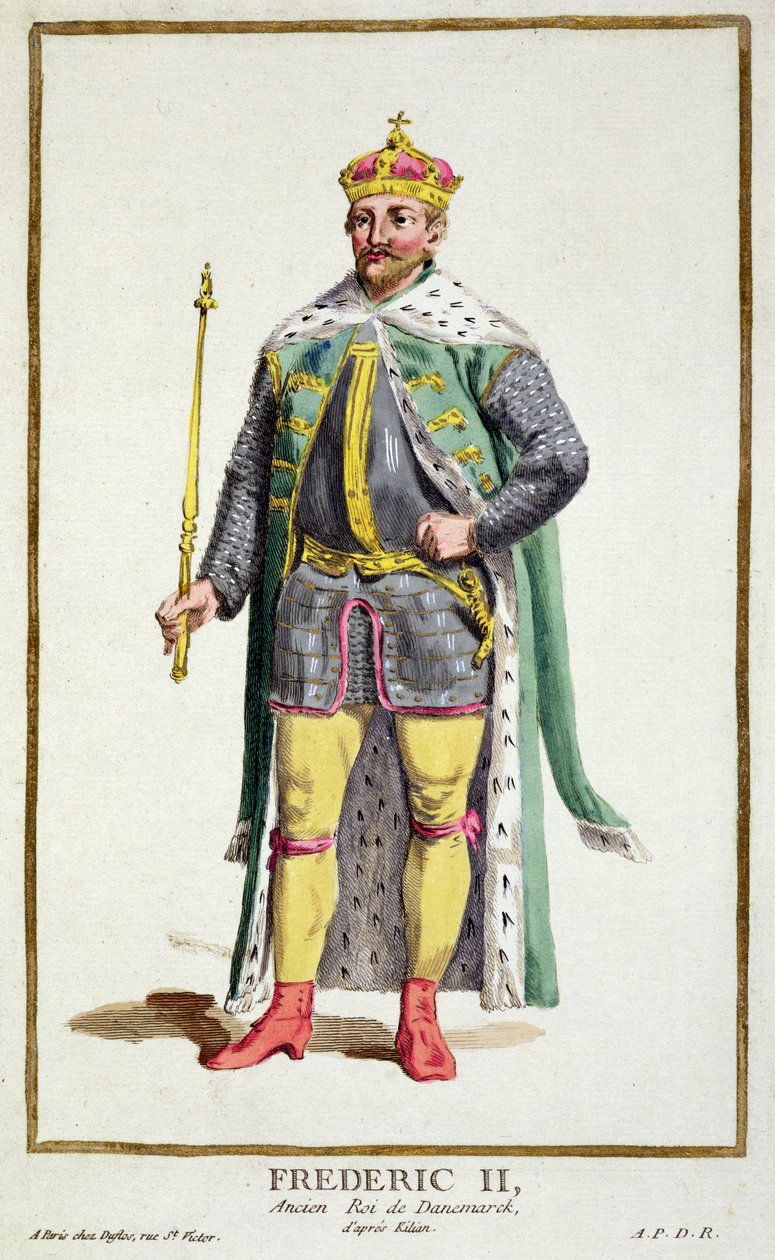 Frederick II (1534-88) král Dánska z „Receuil des Estampes, reprezentující hodnosti a hodnostáře podle kostýmu všech existujících národů“, vydáno 1780 (ručně kolorovaná rytina od Pierre Duflos