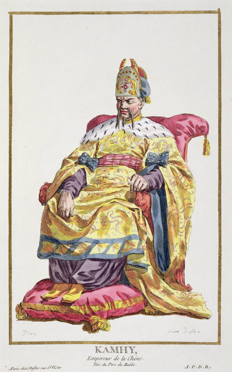 Kang Tsi (1662-1722) Mandžuský císař Číny z „Receuil des Estampes, Representant des Rangs et des Dignites, podle Kostýmu všech existujících národů“, vydáno 1780 (ručně kolorovaná eng od Pierre Duflos