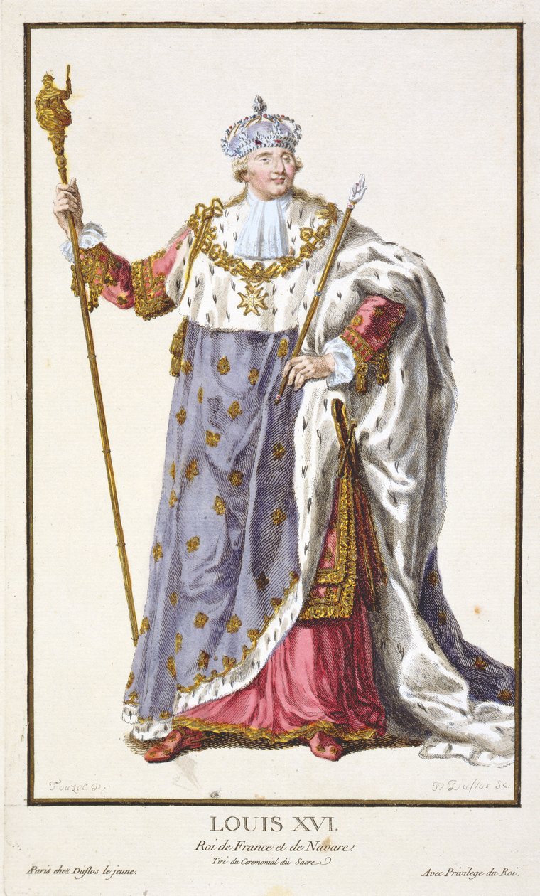 Ludvík XVI. (1754-93) francouzský král (1774-92) z „Receuil des Estampes, representant les Rangs et des Dignites, podle kostýmu všech existujících národů“, vydáno 1780 (ručně kolorovaná eng od Pierre Duflos