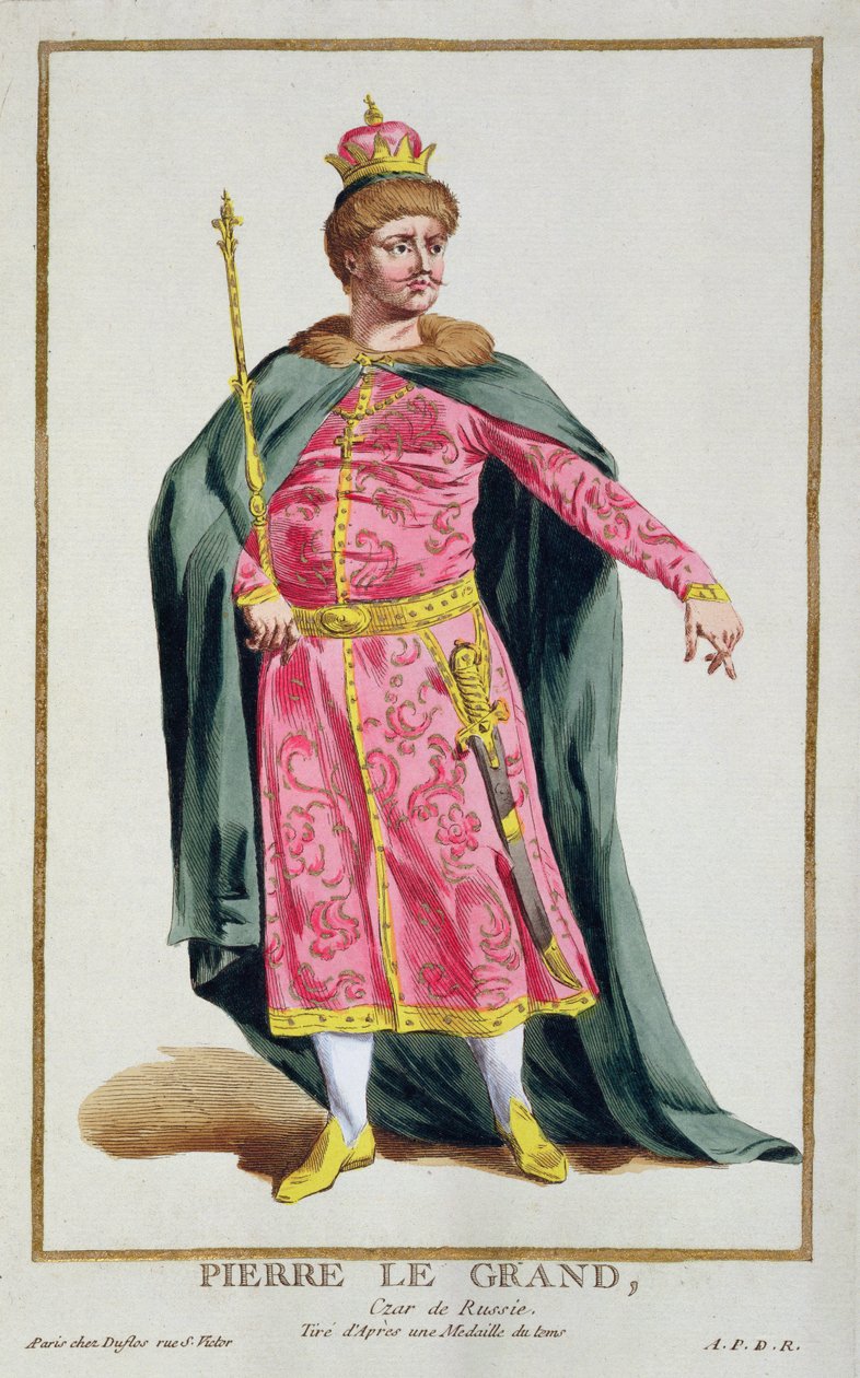 Portrét Petra I. Velikého, ruského cara (1672-1725), ze sbírky desek zobrazujících různé kostýmy světa, 1780 (ručně kolorovaná mědirytina se zlacením) od Pierre Duflos