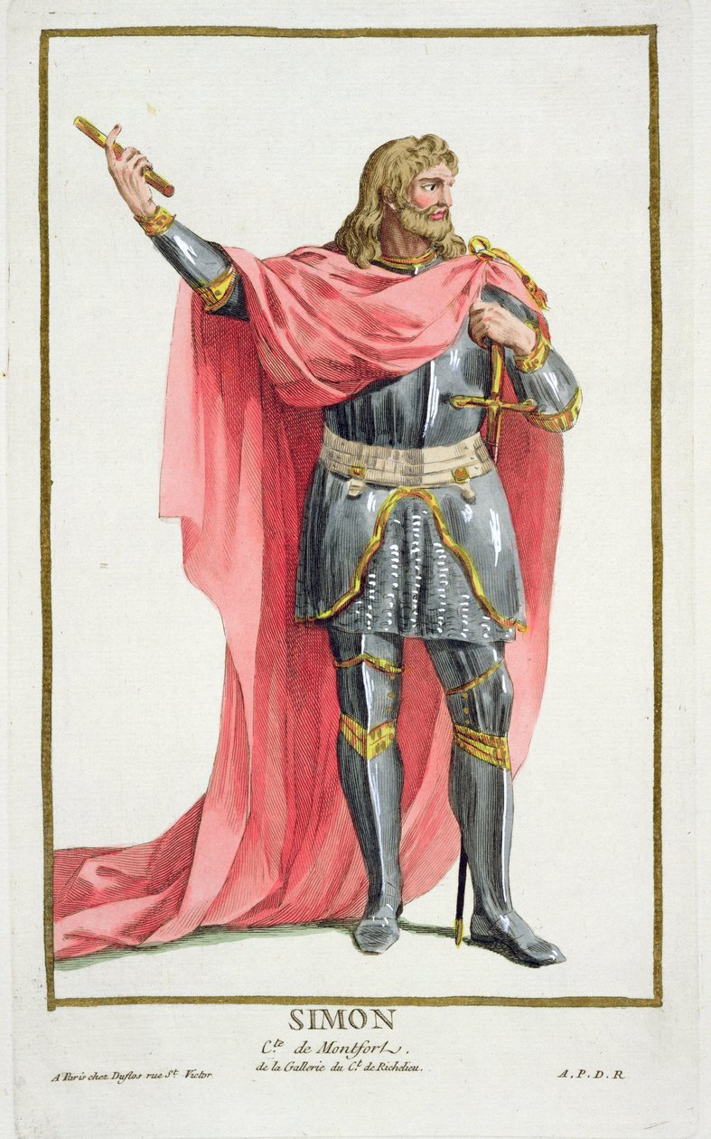 Simon de Montfort (asi 1165-1218) z „Receuil des Estampes, reprezentující hodnosti a hodnostáře podle kostýmu všech existujících národů“, vydáno 1780 (ručně kolorovaná rytina) od Pierre Duflos