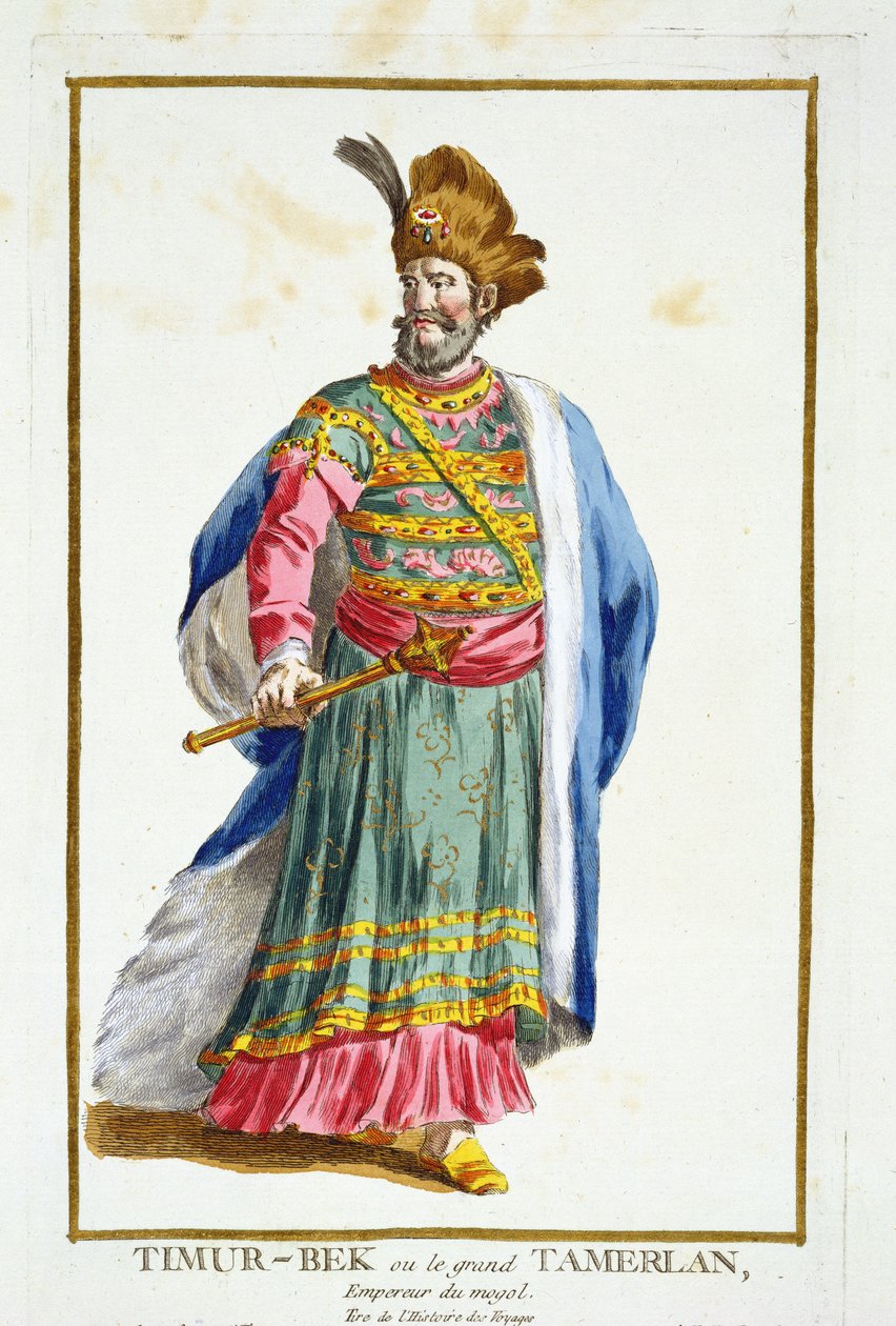 Tamburlaine (1336-1405) z „Receuil des Estampes, představující hodnosti a hodnostáře, podle kostýmu všech existujících národů“, vydáno 1780 (ručně kolorovaná rytina) od Pierre Duflos