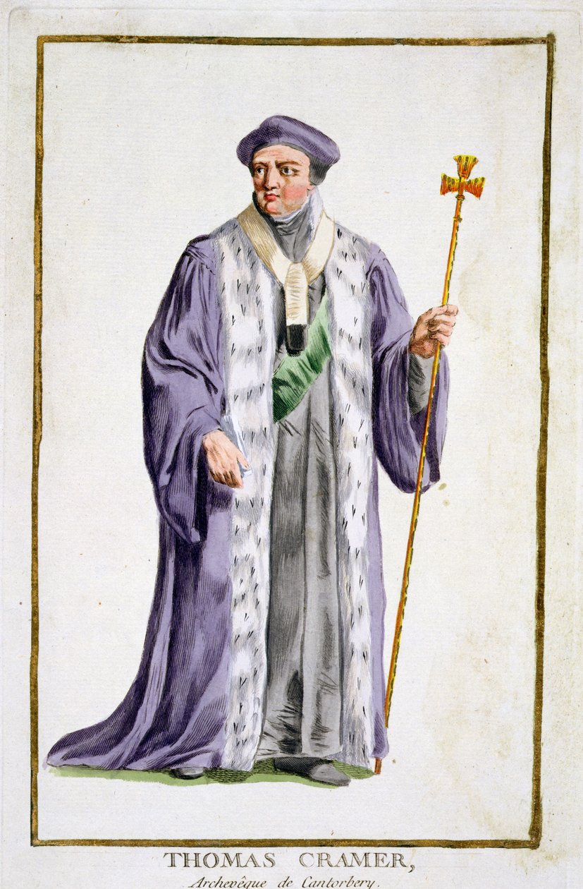 Thomas Cranmer (1489-1556) arcibiskup z Canterbury (1533-56) z „Receuil des Estampes, reprezentující hodnosti a hodnostáře podle kostýmu všech existujících národů“, vydaný v roce 1780 ( od Pierre Duflos