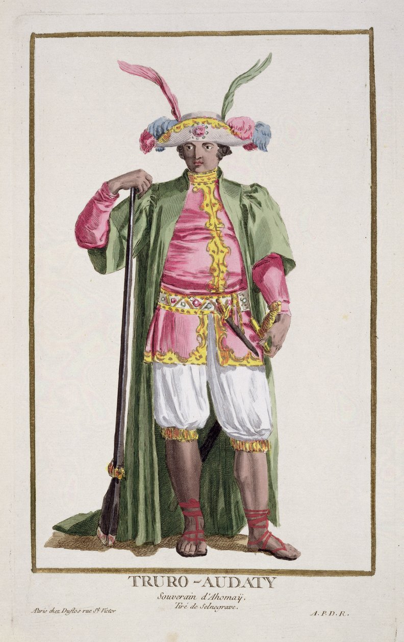 Truro-Audacity, král Dahomey z „Recueil des Estampes, Representant les Rangs et les Dignites, podle Kostýmu všech existujících národů“, vydaného v roce 1780 (ručně kolorovaná rytina) od Pierre Duflos