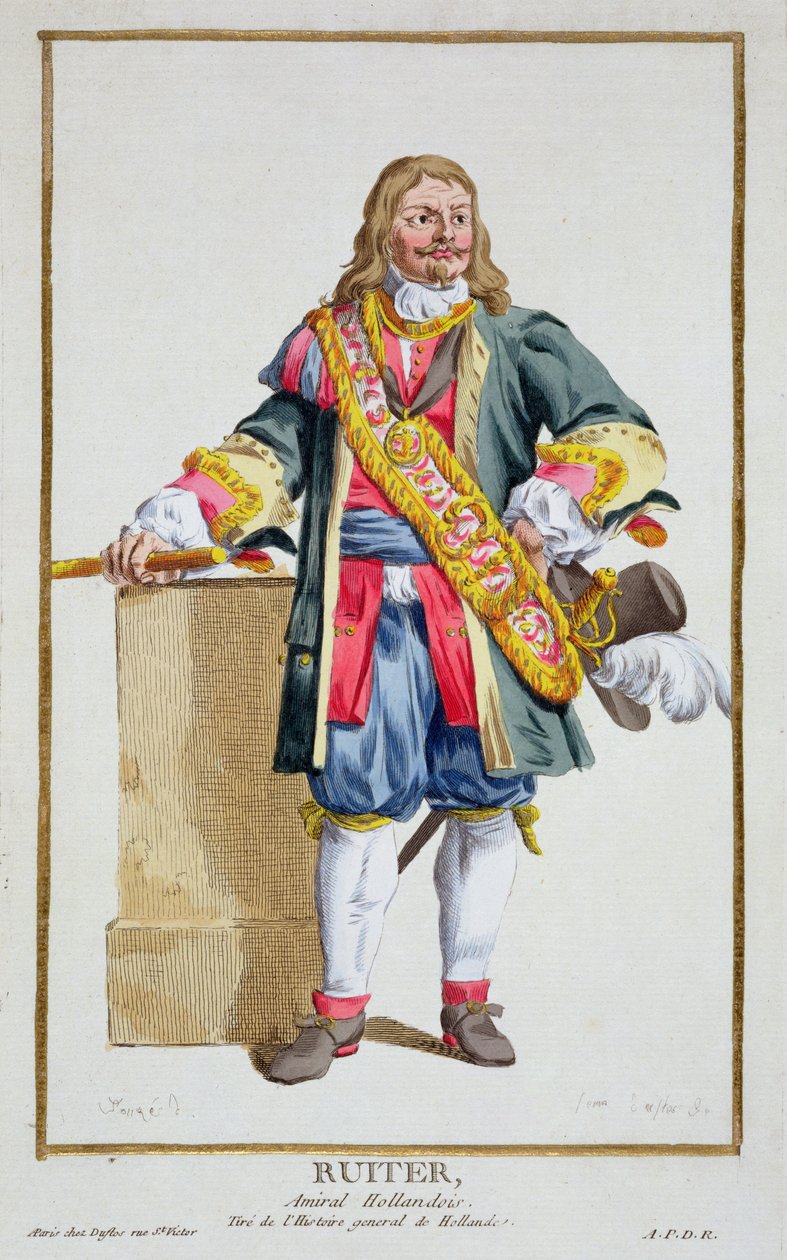 Viceadmirál Ruyter (1607–1676) z „Receuil des Estampes, Representant des Rangs et des Dignites, podle Kostýmu všech existujících národů“, vydáno 1780 (ručně kolorovaná rytina) od Pierre Duflos