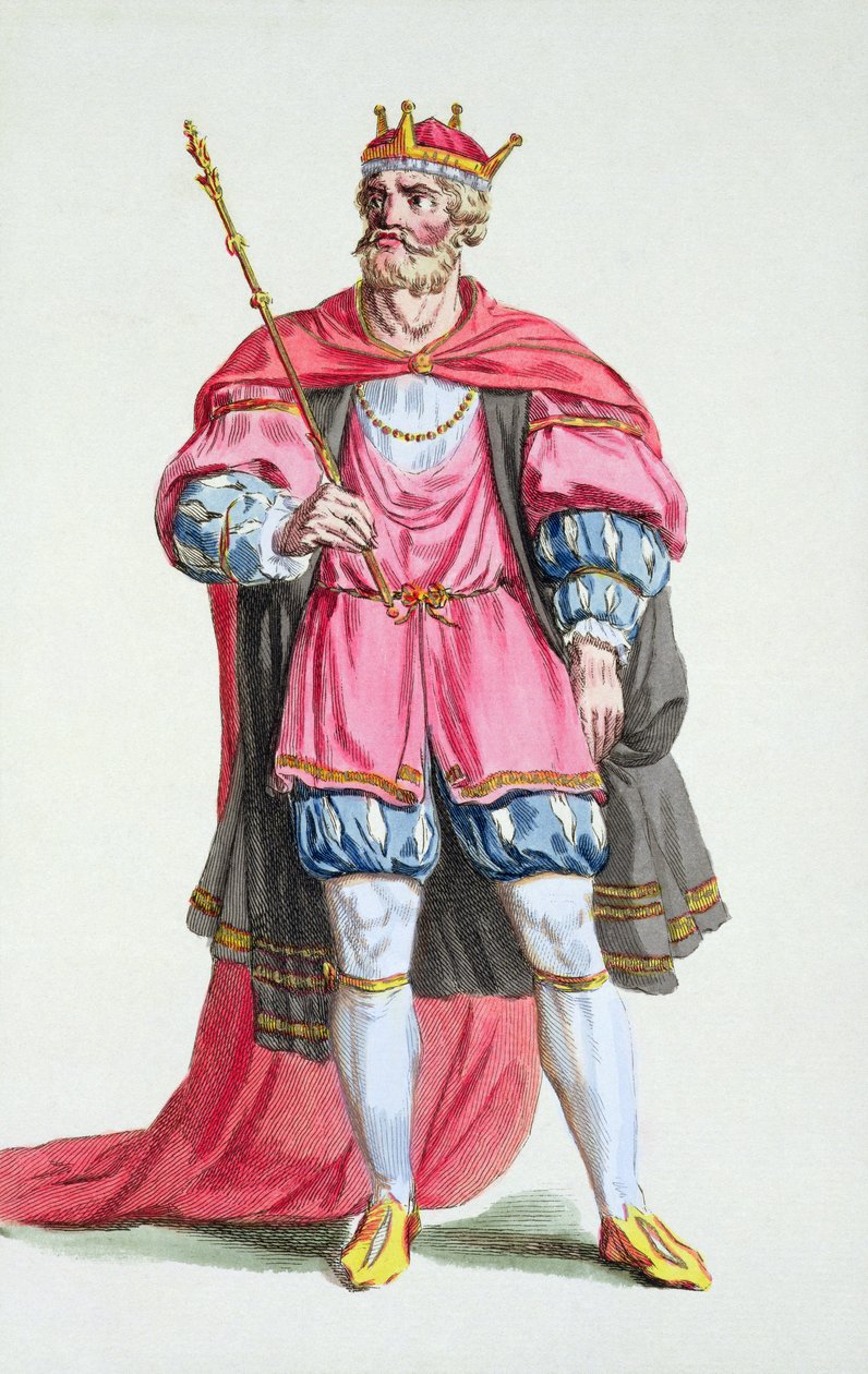 Vilém Dobyvatel (1027-87), z „Receuil des Estampes, představující hodnosti a hodnostáře, podle kostýmu všech existujících národů“, vydáno 1780 (ručně kolorovaná rytina) od Pierre Duflos