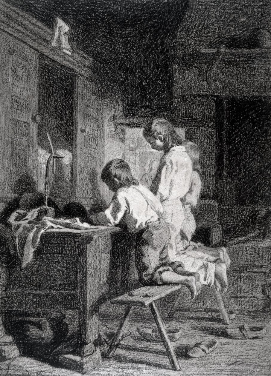Interiér se třemi klečícími chlapci (černá pastelka nad hnědou tuší na papíře) od Pierre Edouard Frere