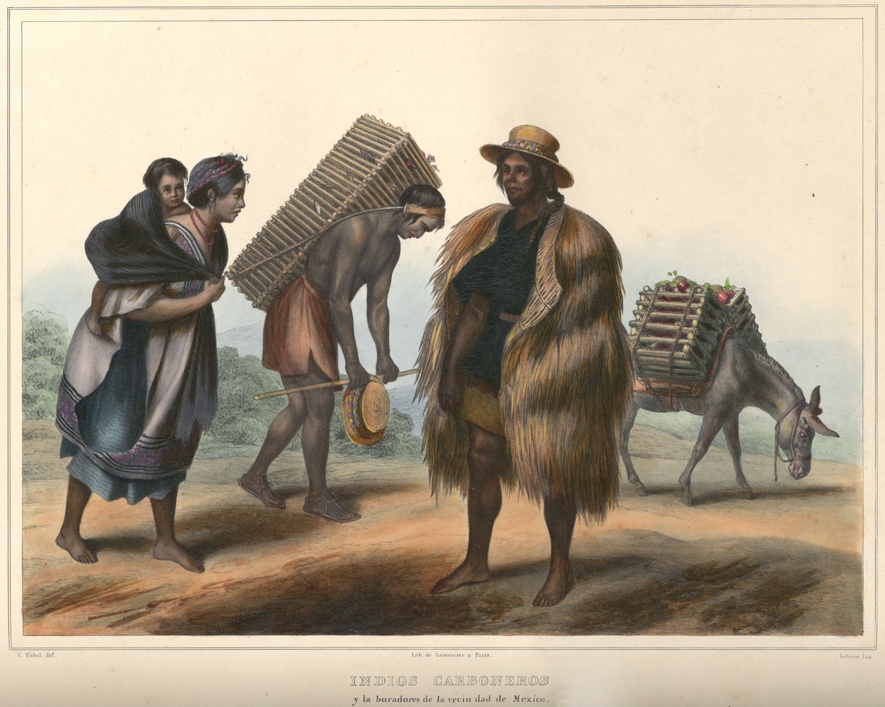 Indios Carboneros, kostýmní skupina. Ručně kolorovaná litografie zvýrazněná arabskou gumou. Původní velikost (úhledné řádky) od Pierre Frédéric Lehnert