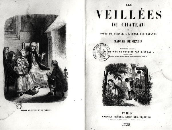 Frontispis Les Veilles du Chateau ou Cours de Morale a lUsage des Enfants od Madame de Genlis (1746-1830) vydaný v roce 1859 od Pierre Gustave Eugene 1817 82 after Staal