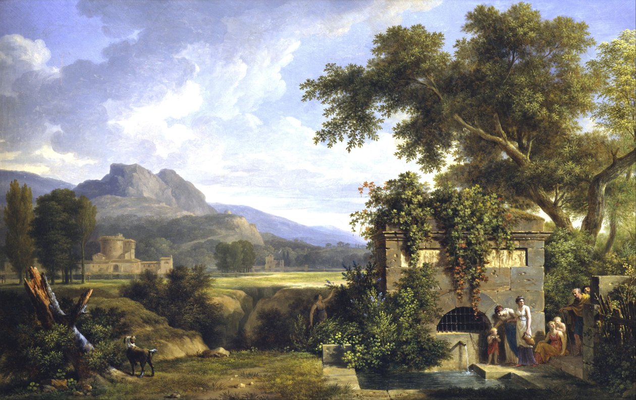 Klasická krajina s postavami pijícími u fontány od Pierre Henri de Valenciennes