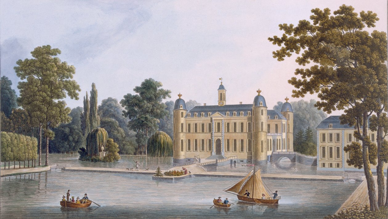 Hrad Beloeil, z knihy "Choix des Monuments, Edifices et Maisons les plus Remarquables du Royaume des Pays-Bas", vydané v roce 1827. od Pierre Jacques Goetghebuer