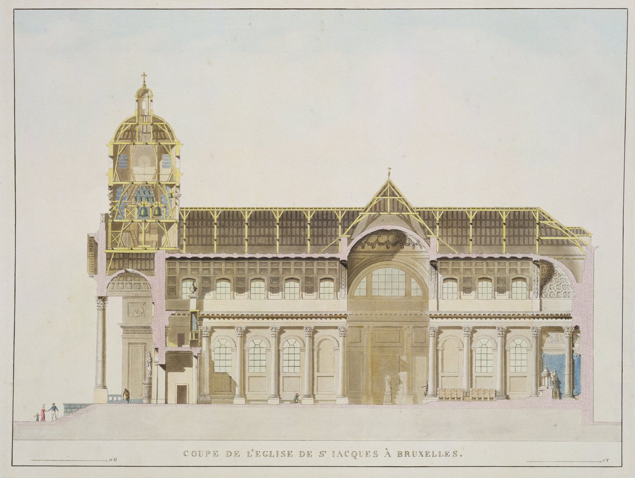 Příčný řez kostelem svatého Jakuba v Bruselu, z "Choix des Monuments, Edifices et Maisons les plus remarquables du Royaume des Pays-Bas" od Pierra Jacquese Goetghebuera, vydáno 1827 (aquat od Pierre Jacques Goetghebuer