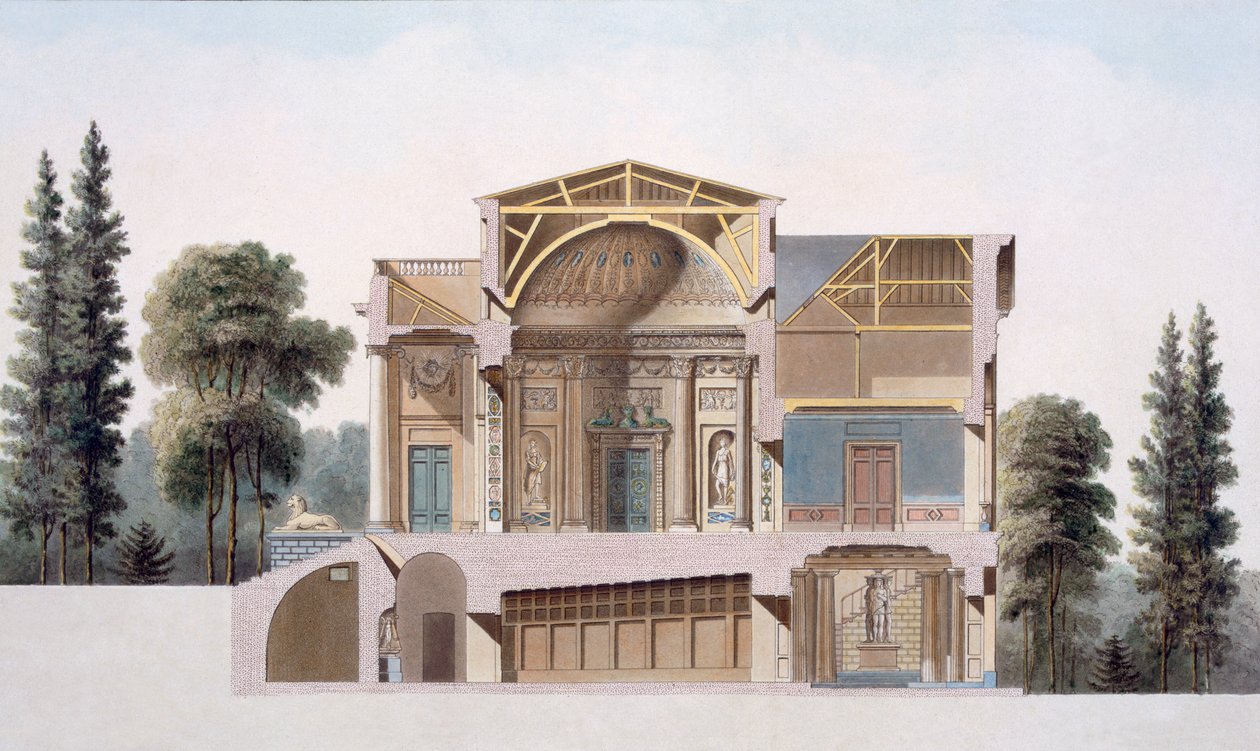 Příčný řez venkovským domem v Laekenu, z knihy "Choix des Monuments, Edifices et Maisons les plus Remarquables du Royaume des Pays-Bas", vydané v roce 1827. od Pierre Jacques Goetghebuer