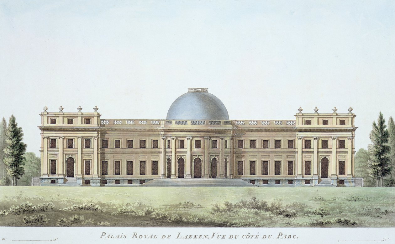Královský palác v Laekenu, pohled z parku, z knihy "Choix des Monuments, Edifices et Maisons les plus remarquables du Royaume des Pays-Bas" od Pierra Jacquese Goetghebuera, vydané roku 1827 (akvatinta) od Pierre Jacques Goetghebuer