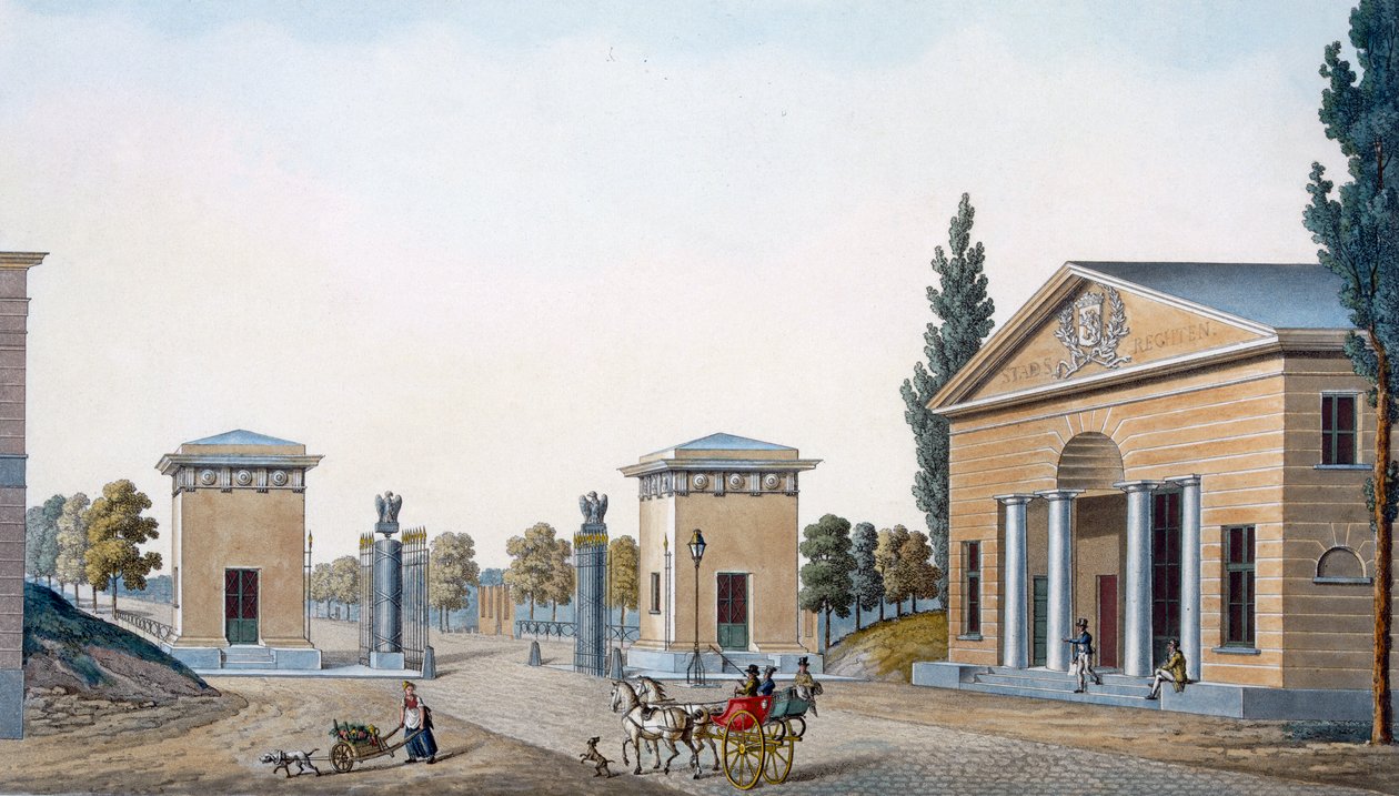Brána Courtray, Gent, z „Výběr nejpozoruhodnějších památek, budov a domů Nizozemského království“, vydáno 1827 od Pierre Jacques Goetghebuer