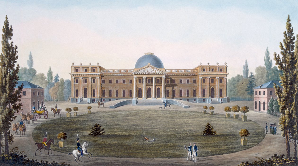 Královský palác v Laekenu, z „Výběr nejpozoruhodnějších památek, budov a domů Nizozemského království“, vydaný v roce 1827 od Pierre Jacques Goetghebuer