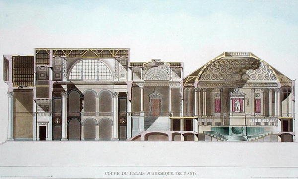 Průřez Palais Academique v Gentu, z výběru nejvýznamnějších památek, budov a domů Nizozemského království od Pierra Jacquese Goetghebuera, ryl L. Roelandt, hospoda od Pierre Jacques after Goetghebuer