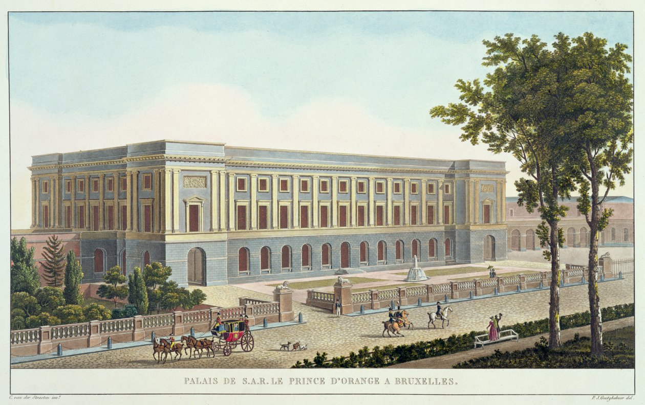 Palác prince Oranžského, Brusel, z výběru nejpozoruhodnějších památek, budov a domů Nizozemského království od Pierra Jacquese Goetghebuera (1788-1866), vyryl Charles van od Pierre Jacques after Goetghebuer