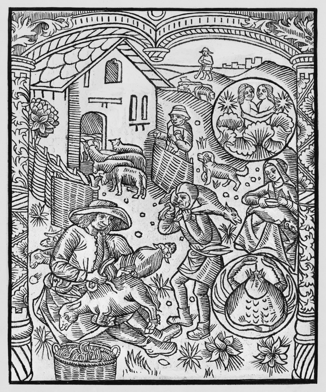Červen, stříhání ovcí, Blíženci, ilustrace z 