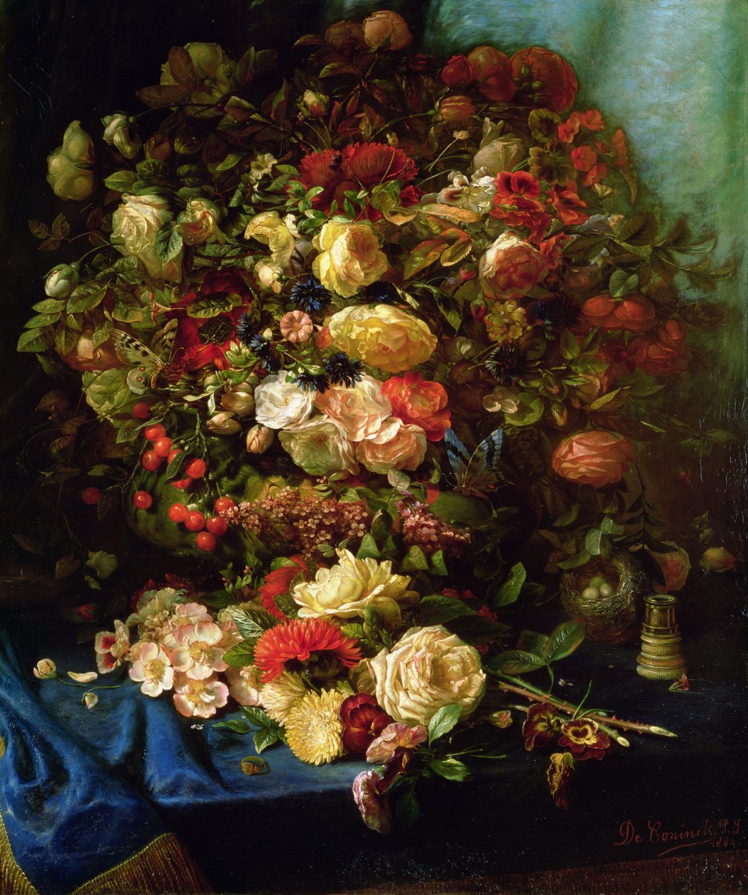 Zátiší květin na římse s ptačím hnízdem, 1884 od Pierre Louis de Coninck