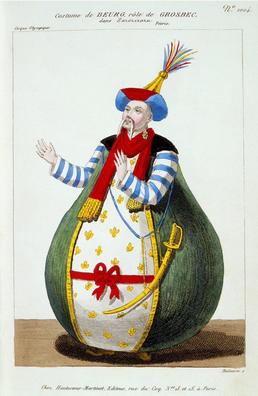 Kostým Beurga, Cirque Olympique, v roli Grosbeca v Zazezizozu, z „Le Petite Galerie Dramatique“, vydáno 1796 od Pierre Maleuvre