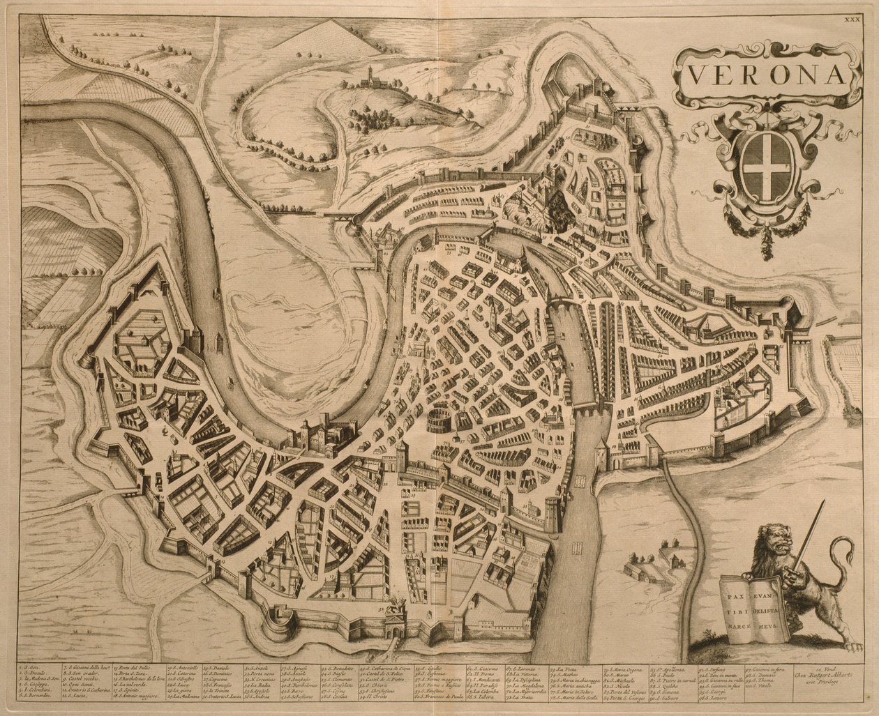 Mapa Verony z knihy "Les Villes de Venetie" z roku 1704, kterou vydal Pierre Mortier v Amsterdamu. od Pierre Mortier