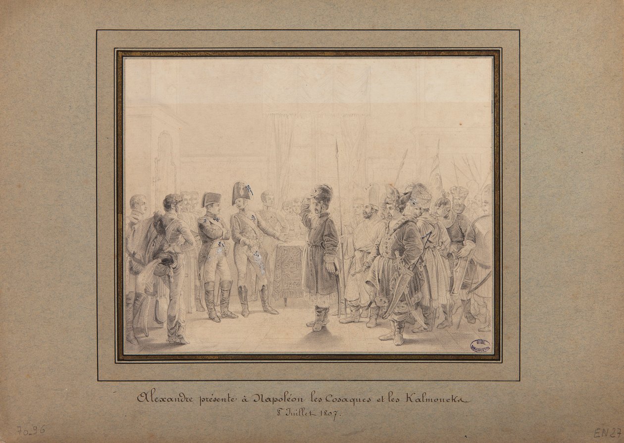 Alexandr I. představuje kozáky a Kalmuky ruské armády Napoleonovi I. v Tilsitu 8. července 1807 od Pierre Nolasque Bergeret