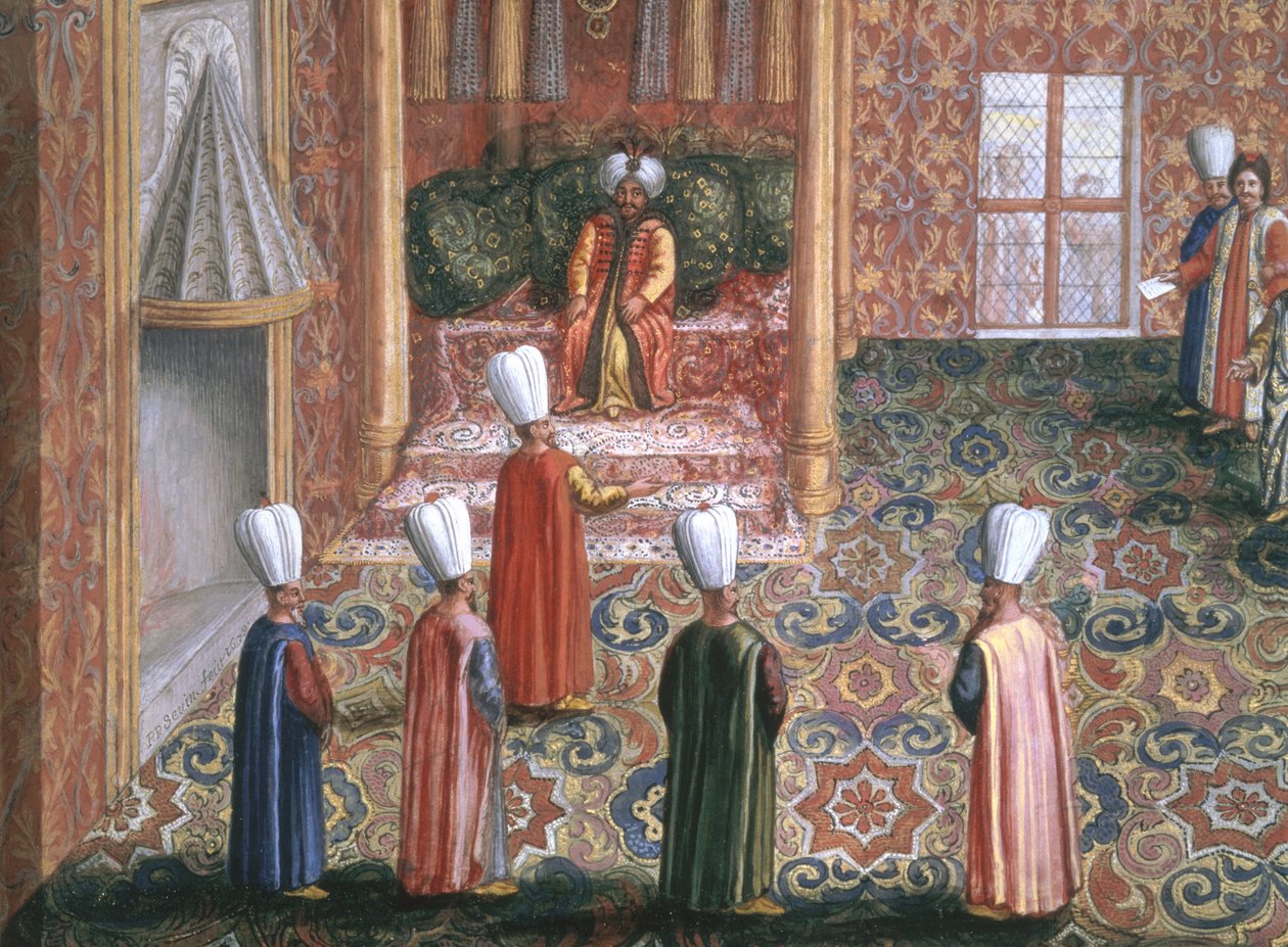 Diplomatická mise Jana Gninského v Istanbulu, Audience polského vyslance u sultána Machmeda, 1679 (kvaš s plátkovým zlatem na papíře) od Pierre Paul Sevin