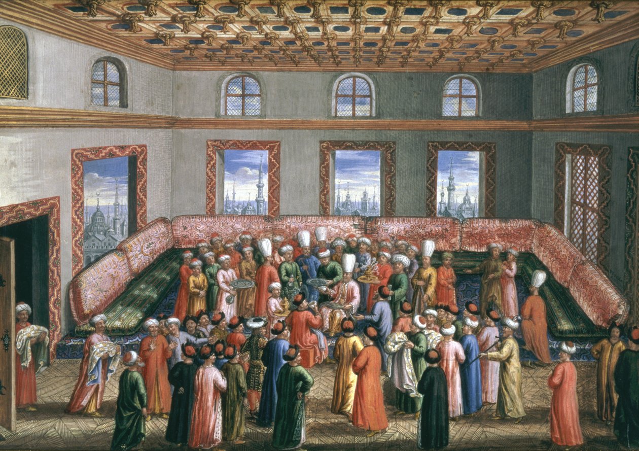 Diplomatická mise Jana Gninského v Istanbulu, recepce na rozloučenou pro polského vyslance, 1679 (kvaš s plátkovým zlatem na papíře) od Pierre Paul Sevin