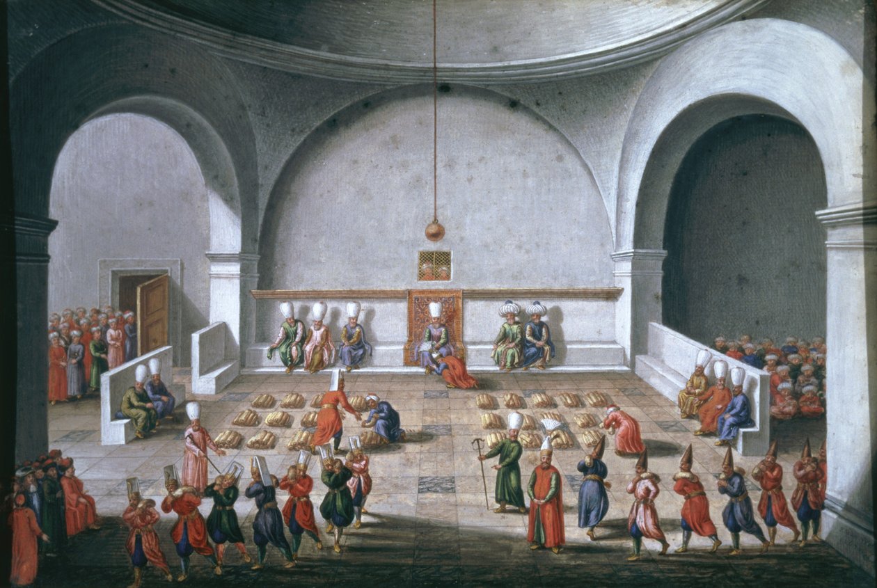 Mise Jana Gninského do Istanbulu, obřad platby vojákům, 1679 (kvaš s plátkovým zlatem na papíře) od Pierre Paul Sevin