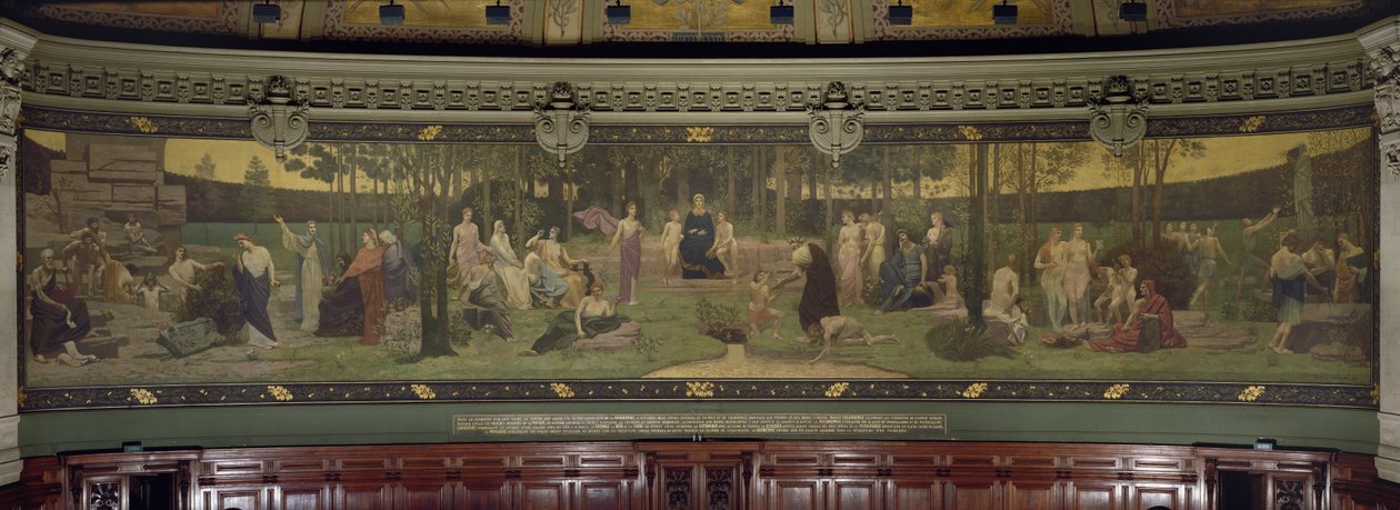 Posvátné dřevo, nástěnná malba ve Velkém amfiteátru zobrazující alegorické postavy Sorbonny, Výmluvnost, Poezie, Filosofie, Historie, Botanika, Geologie, Fyzika a Geometrie, 1887-89 (viz 884 od Pierre Puvis de Chavannes