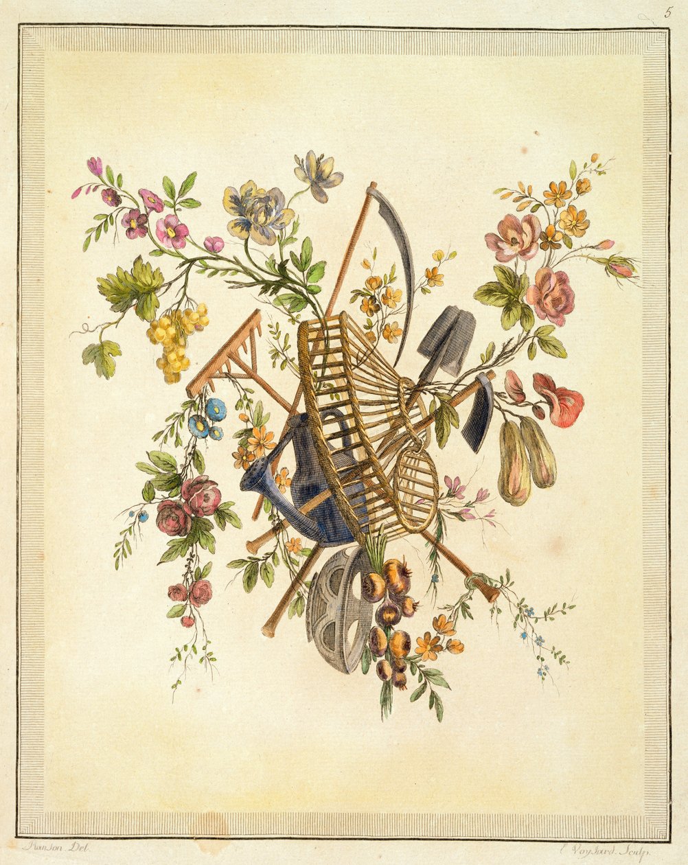 Návrh zahradního textilu z knihy "Oeuvre contenant un Receuil de Trophees, Attributs, Cartouches, Vases, Fleurs, Ornemens, et Plusieurs Dessins agreeables pour broder les Fauteuils", vyryl Etienne. od Pierre Ranson