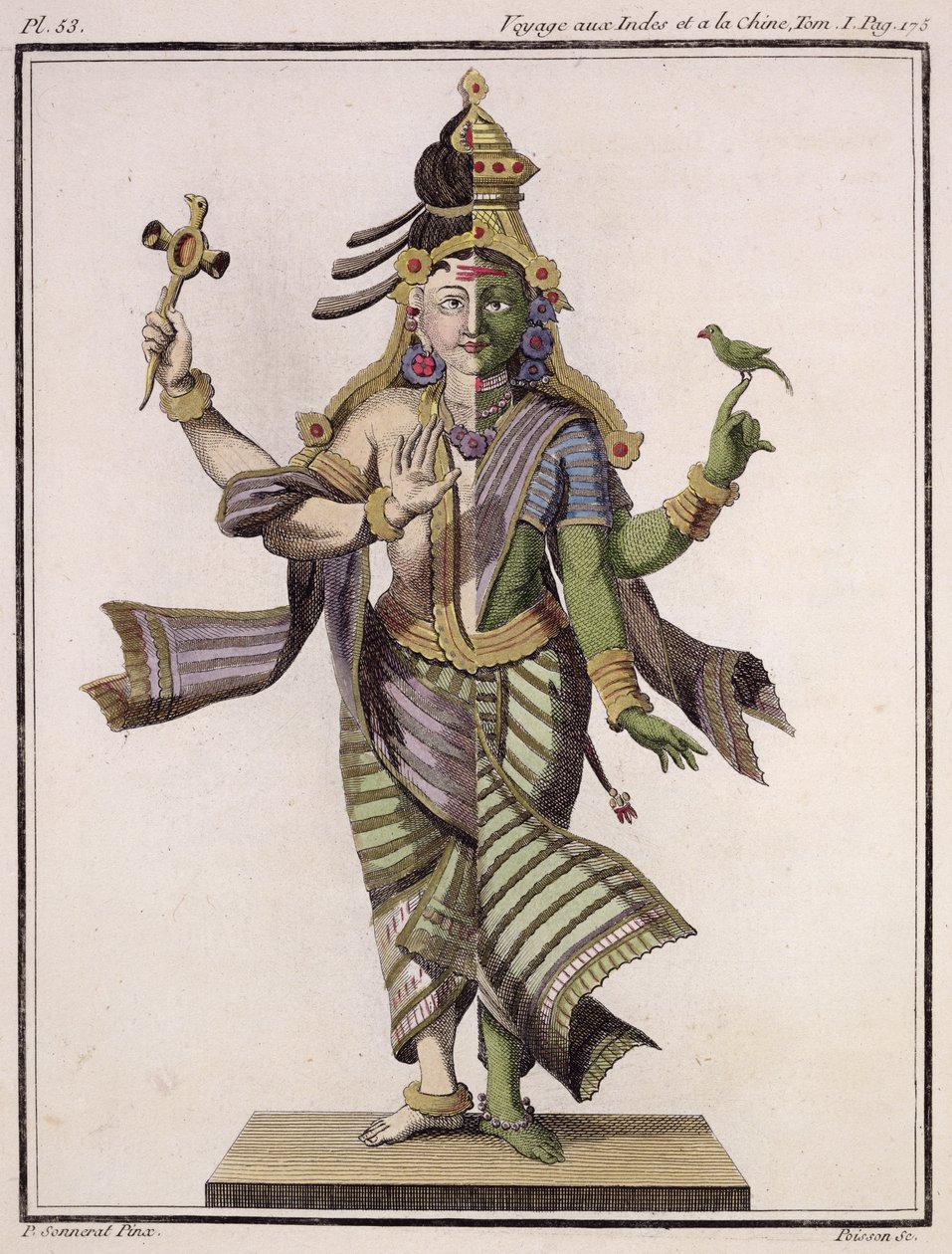 Ardhanarišvara, z „Voyage aux Indes et a la Chine“ od Pierra Sonnerata, vyryto Poissonem, vydáno 1782 od Pierre Sonnerat