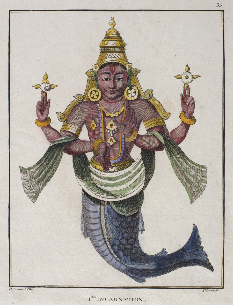 První avatar Višnua jako „Ryba“, ilustrace z „Voyage aux Indes Orientales et a la Chine“ od Pierra Sonnerata, vyryto Poissonem, 1782 (barevná rytina) od Pierre Sonnerat