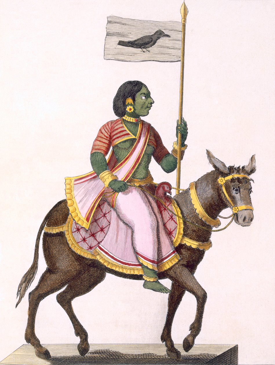 Moudevi, bohyně sváru a bídy, z „Voyage aux Indes et a la Chine“, vyryl Poisson, 1782 (barevná rytina) od Pierre Sonnerat