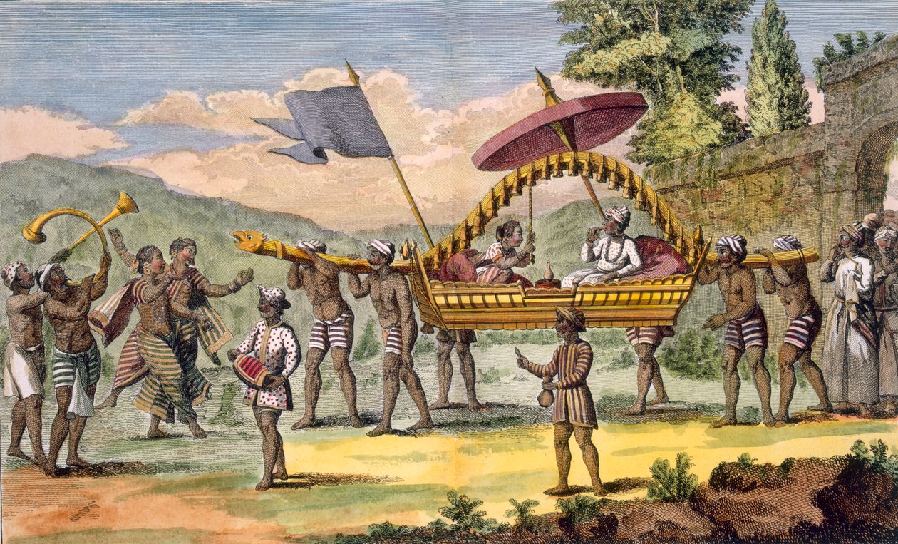 Čerstvě sezdaný pár se vydává na promenádu v nosítkách s doprovodem hudebníků, ilustrace z „Voyage aux Indes et a la Chine“, rytina Poisson, 1782 (barevná rytina) od Pierre Sonnerat