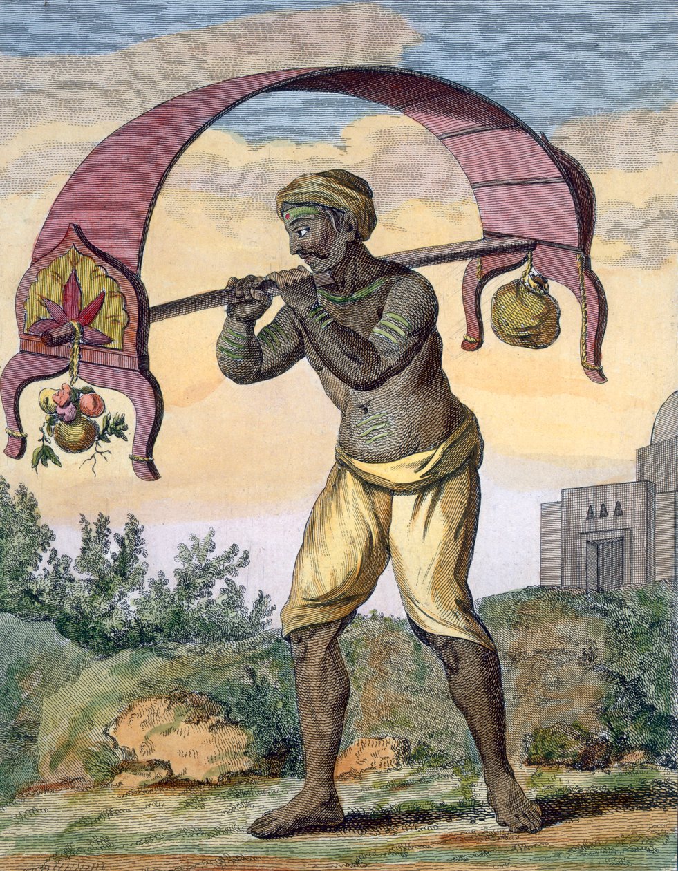 Paeni Caori (náboženský ctitel nesoucí obětiny pro bohy), z „Voyage aux Indes et a la Chine“, vyryto Poissonem, 1782 (barevná rytina) od Pierre Sonnerat