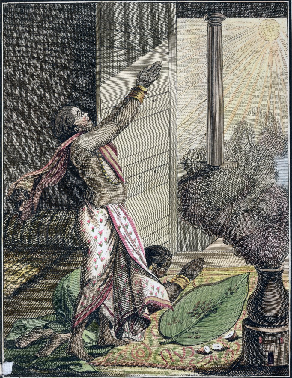 Festival Pongol, Indie, z „Voyage aux Indes, Orientales et la Chine“, od Pierra Sonnerata, vyryto Poissonem, vydáno 1782 (barevná rytina) od Pierre Sonnerat
