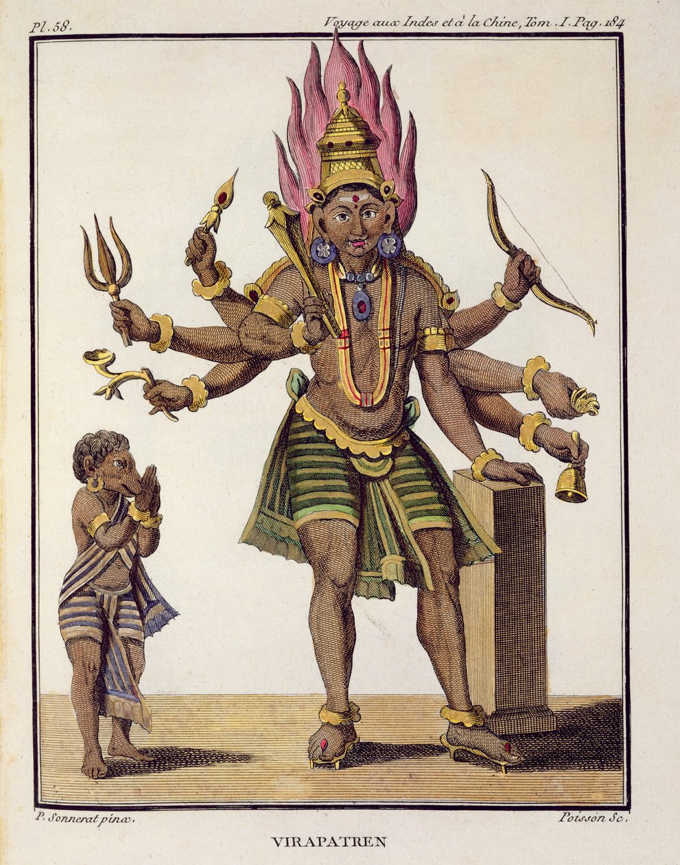 Shiva jako Virapatren, Pán se špatně vytvořeným zlým okem, z „Voyage aux Indes et a la Chine“ od Pierra Sonnerata, vyryto Poissonem, vydáno 1782 od Pierre Sonnerat