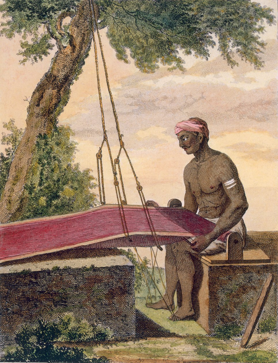 Tkadlec látky, z „Voyage aux Indes et a la Chine“, vyryl Poisson, 1782 (barevná rytina) od Pierre Sonnerat